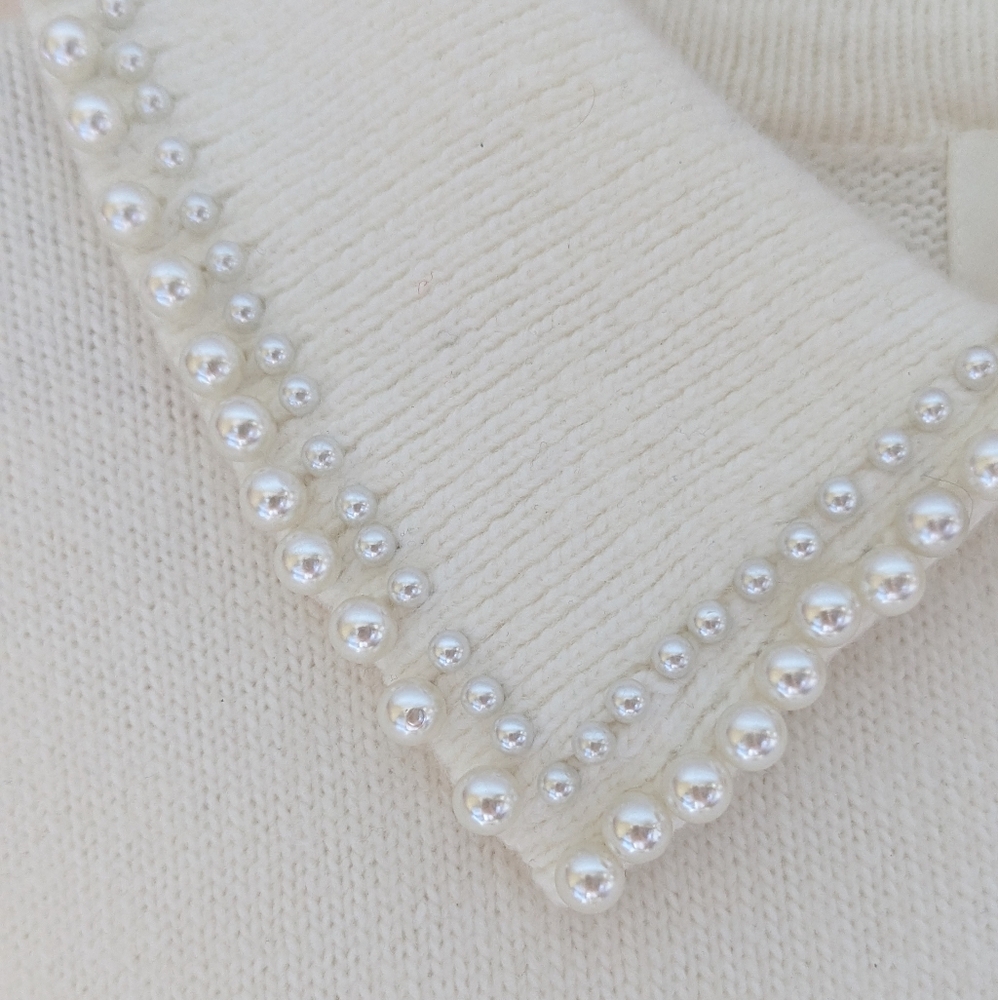 H&M Off White Knit Sweater Dress Pearl Bead Peter Pan Collar Large - Picture 7 of 16